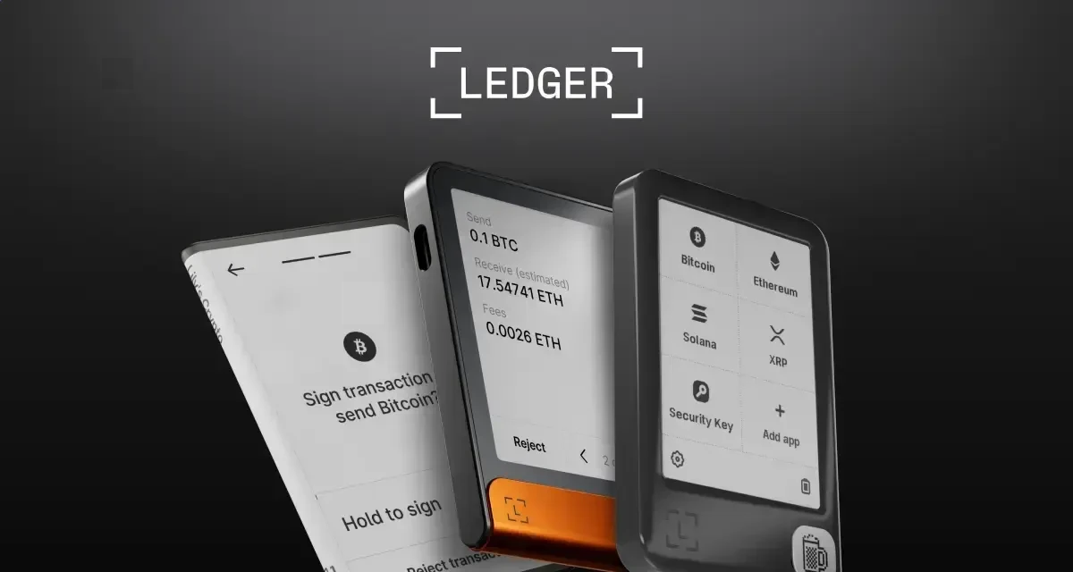 Ledger devices showing transaction signing and app menus